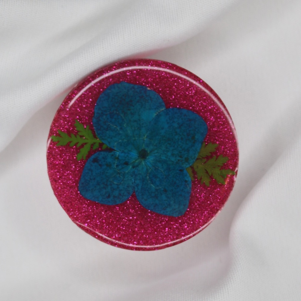 New Pink Glitter Dried Real Blue Flower Phone Grip